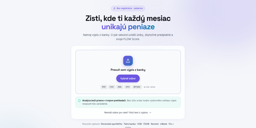 VESTELON FLOW application: bank statement upload screen with in-browser analysis