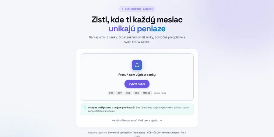 VESTELON FLOW application: bank statement upload screen with in-browser analysis